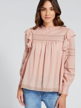 Grace + Karma ruffle crochet babydoll bohemian shirt size L loose fit pink